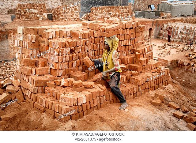 Woman work at a brick factory in Narayangonj , Bangladesh June 01, 2016. This group of people comes from sunamgonj outside Dhaka