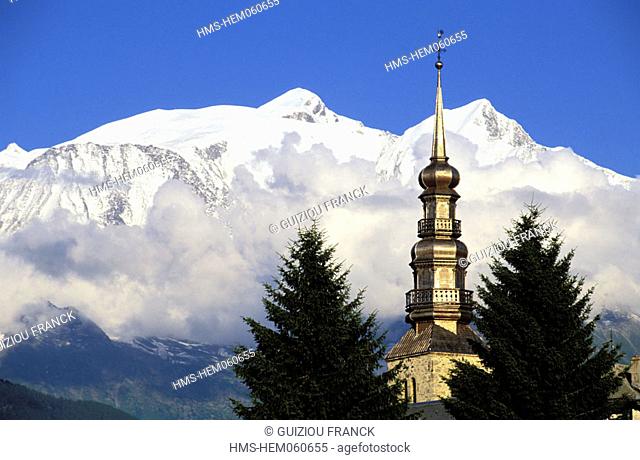France, Haute-Savoie (74), Combloux and onion bulb belltower of Saint Nicolas church (Mont Blanc in background)