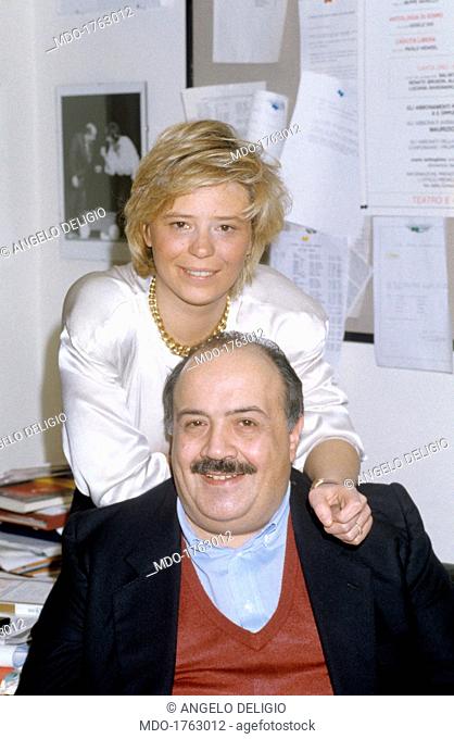 Portrait of Maurizio Costanzo and Maria De Filippi smiling. Portrait of Italian journalist and TV host Maurizio Costanzo smiling with his wife and Italian TV...