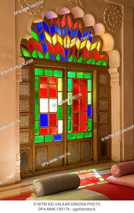 stained glass window Moti palace mehrangarh fort jodhpur Rajasthan India Asia