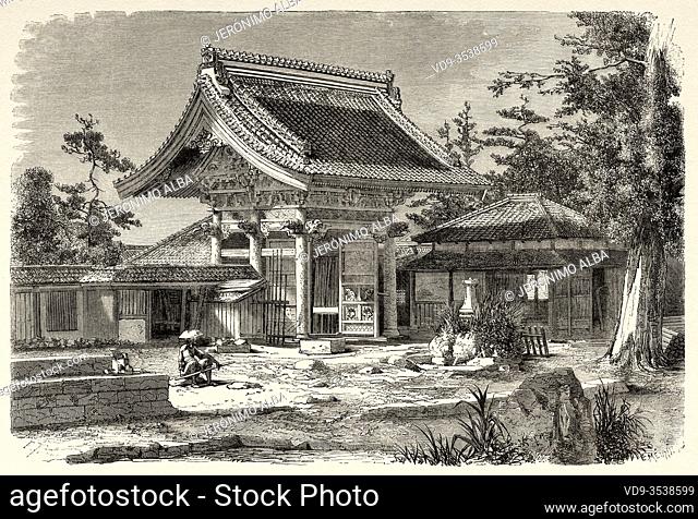 Country house in the vicinity of Beijing, China. Old 19th century engraved illustration, Trip to Beijing and North China 1873