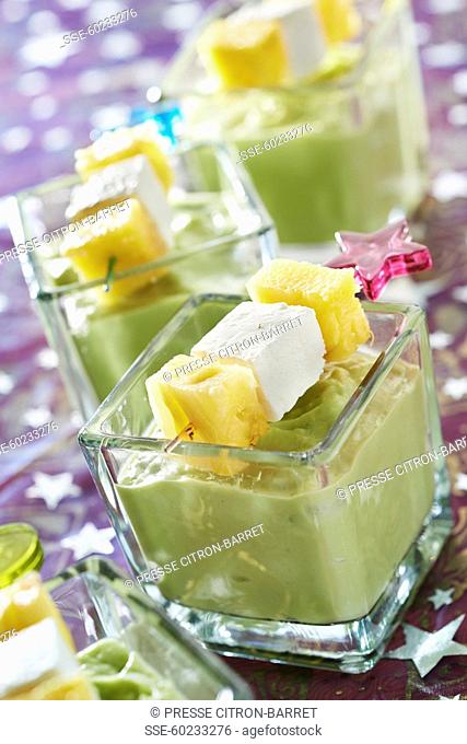 Avocado and coconut milk puree, pineapple and Petit Billy brochettes