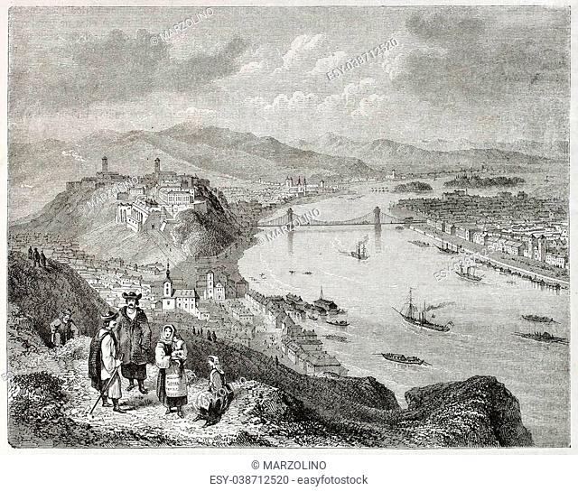 Old illustration of Buda and Pest on the two banks of the Danube river. Created by Freeman and Quartley, published on Magasin Pittoresque, Paris, 1850