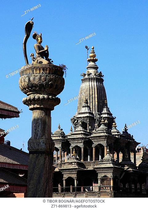 Nepal, Kathmandu Valley, Patan, Durbar Square, King Malla Column, Krishna Mandir