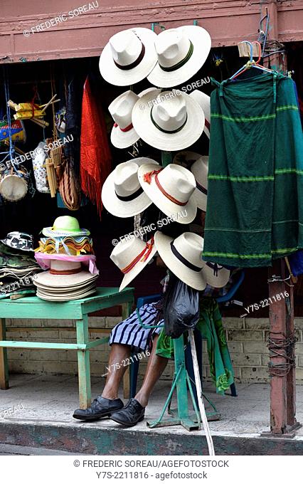 Vendor of straw hat in Santiago de Atitlan, Guatemala, Central America