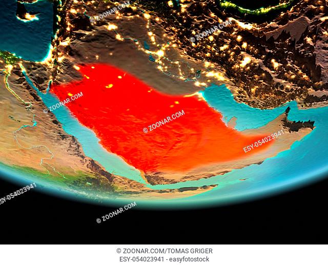 Saudi Arabia from orbit of planet Earth at night with highly detailed surface textures. 3D illustration. Elements of this image furnished by NASA