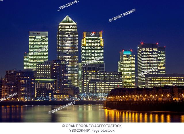 Canary Wharf Financial District At Night, London, England