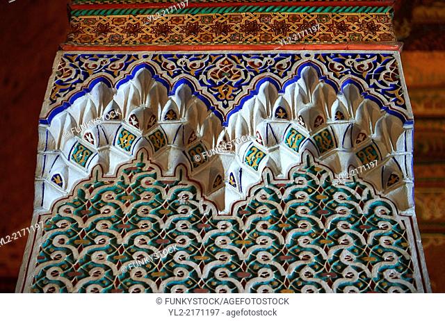 Berber Arabesque decorative honeycomb Muqarnas plaster capitals of Bou Ahmed's Harem. Bahia Palace, Marrakesh, Morroco