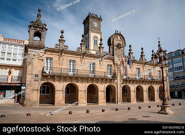 Panoramic image of the historic townhall of Lugo on a cloudy day, Camino de Santiago trail, Calicia, Spain