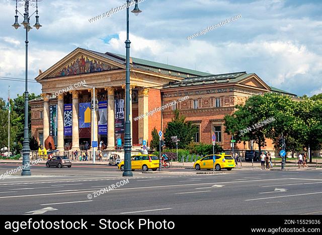 Budapest, Hungary - July 14, 2019: Heroes square with Hall of Art in Budapest, Hungary