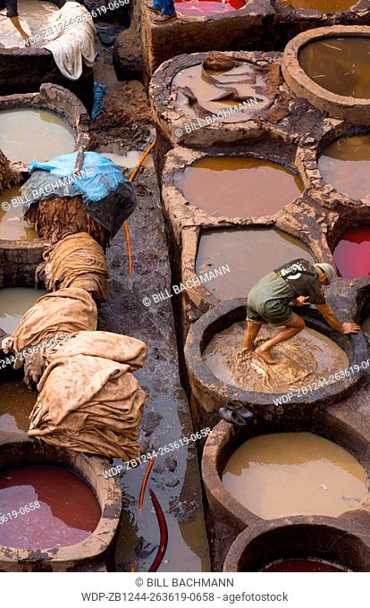 Fez Morocco old Tannery called Chouara Tannery which is almost 1000 years old from above of tannery vats with color dyes