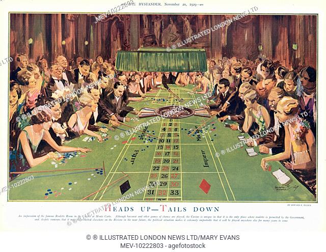 An impression of the famous Roulette Room in the Casino at Monte Carlo. Although baccarat and other games of chance are played