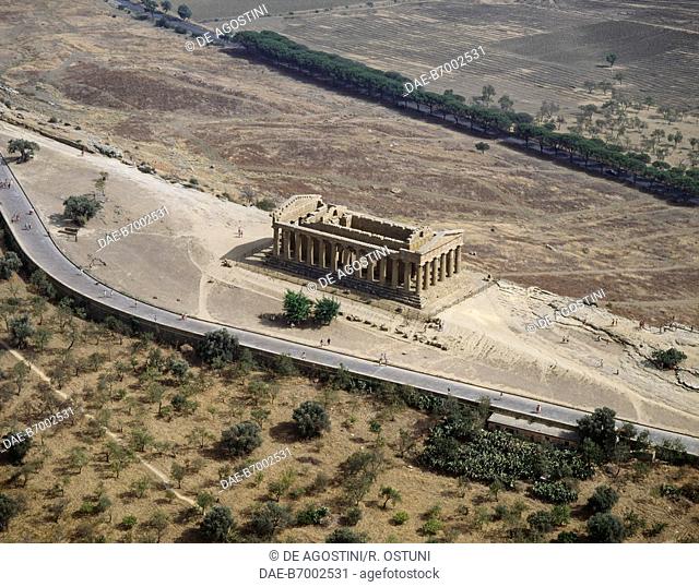 Aerial view of the Temple of Concordia in the archaeological area of Agrigento (UNESCO World Heritage Site, 1997), Sicily, Italy, Magna Graecia civilization