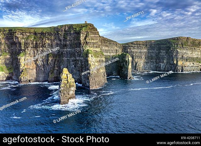 Aerial view of the Cliffs of Moher near sunset along the Burren region in County Clare, Ireland