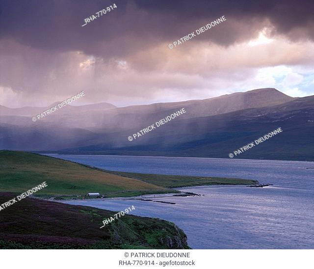 Heavy shower over Loch Broom, near Ullapool, North West Highlands, Highland region, Scotland, United Kingdom, Europe