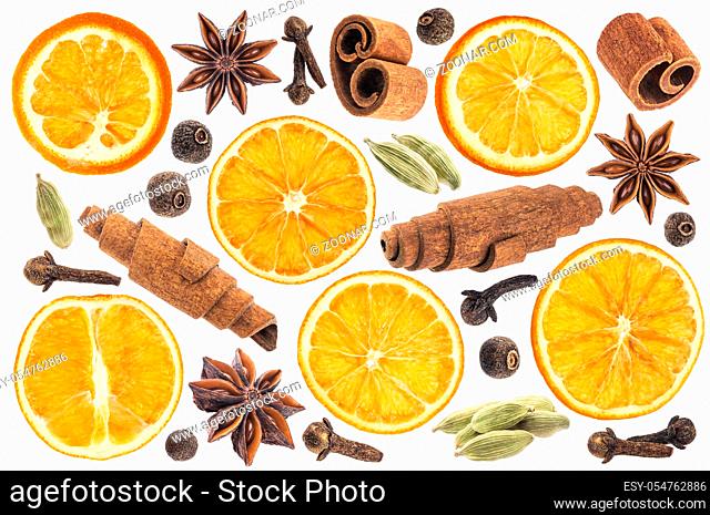 Christmas spices for decoration. Ingredients for mulled wine isolated on white background. Collection