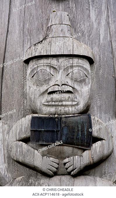 Totem pole detail, Skidegate, Haida Heritage Centre at ?ay Llnagaay, Haida Gwaii, formerly known as Queen Charlotte Islands, British Columbia, Canada