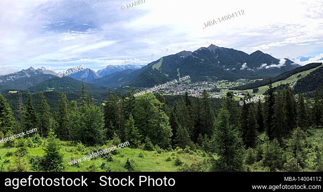 panoramic view from brunschkopf to seefeld and the karwendel mountains and wetterstein mountains, nature, mountains, clouds, viewing platform, seefeld in tirol