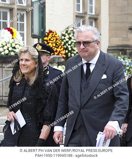 Prince Laurent and Princess Lea of Belgium leave at the Cathédrale Notre-Dame in Luxemburg, on May 04, 2019, after the Funeral ceremony of HRH Grand Duke Jean...