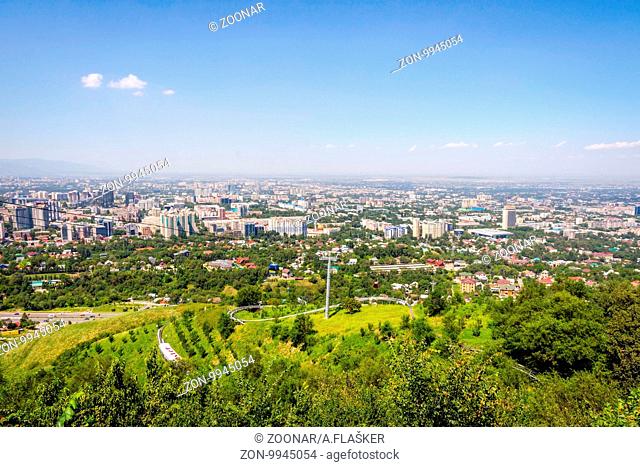 View over Almaty skyline and cable car, Kazakhstan
