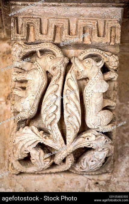 MONTMAJOUR, FRANCE - JUNE 26, 2017: Romanesque capitals of the columns in the cloisters of the Abbey of Montmajour near Arles, France