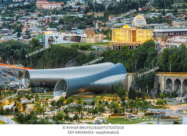 Concert Music Theatre Exhibition Hall In Shape Of Two Metal Glass Tubes Of Hi-Tech Architecture Style Located In Rike Park Of Tbilisi Georgia