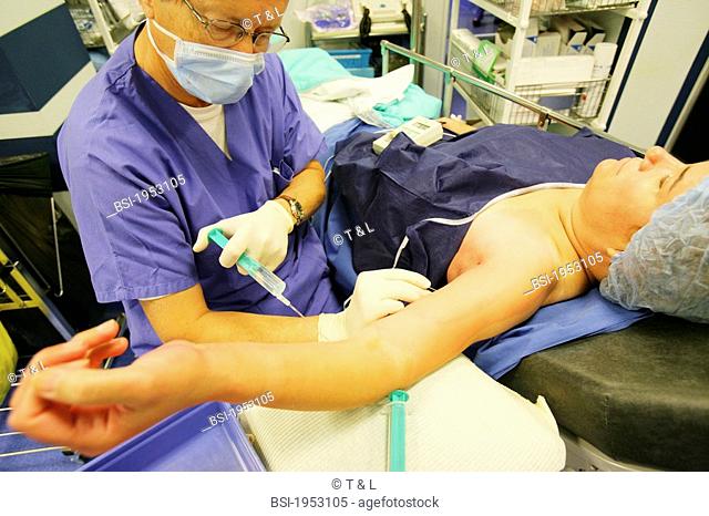 LOCAL ANESTHESIA<BR>Photo essay from hospital.<BR>Orthopedic clinic. Local anesthesia before the surgery of the carpal tunnel