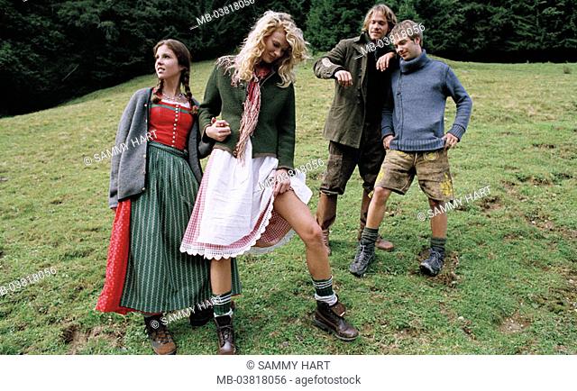 couple, two, young, traditional costume, Bergwiese,  Trip, hike,   Series, Almwiese, meadow, men, women, 20-30 years, friends, Dirndl, friends, leather shorts