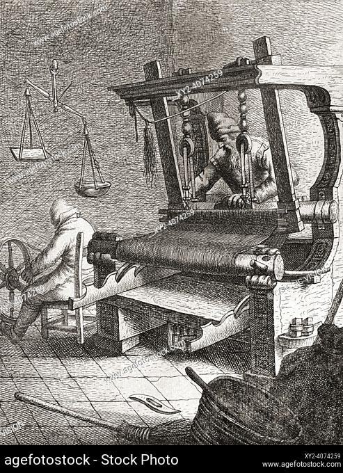 A weaver at work on his loom and a man spinning in the 17th century. After a print by Jan Gillisz van Vliet