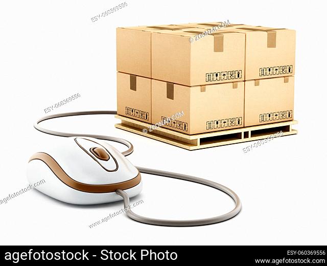 Cable mouse connected to cargo boxes isolated on white background. 3D illustration