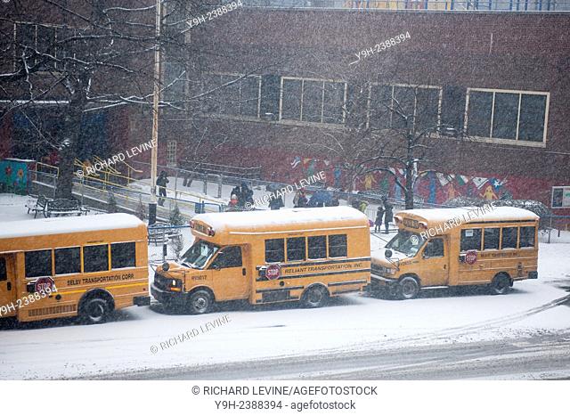 Students are discharged from Public School 33 in the Chelsea neighborhood of New York