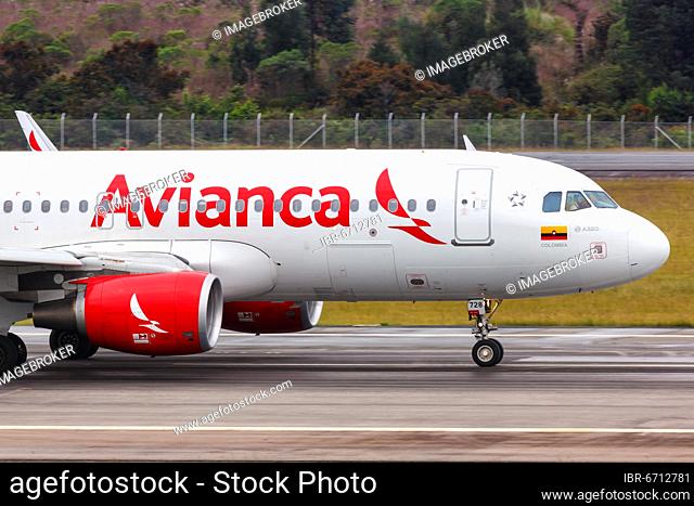 An Avianca Airbus A320 aircraft with registration N728AV at Medellin Rionegro Airport, Colombia, South America