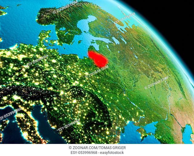 Satellite morning view of Lithuania highlighted in red on planet Earth. 3D illustration. Elements of this image furnished by NASA