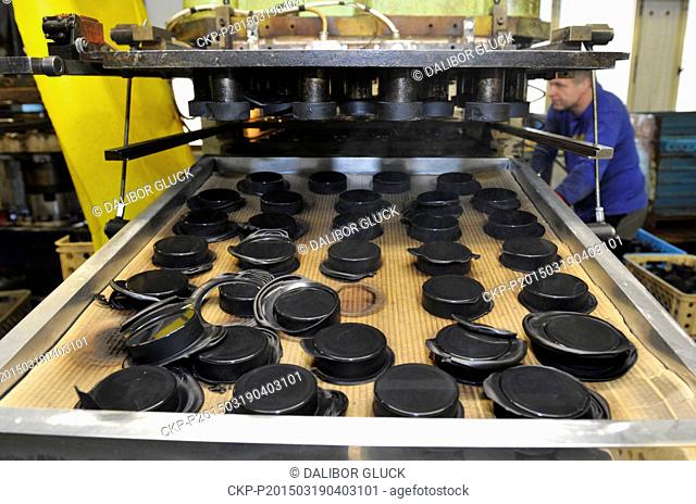 Pucks for the Ice Hockey World Championship are produced in Gufex company in Katerinice, Czech Republic, March 19, 2015. Czech National Ice Hockey Team will...