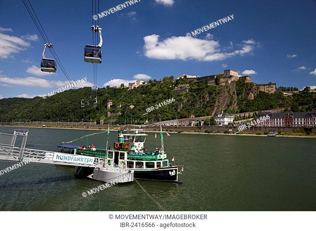The Ropeway and a jetty on the Rhine river, Ehrenbreitstein Castle at the back, Koblenz, Rhineland-Palatinate, Germany, Europe, PublicGround