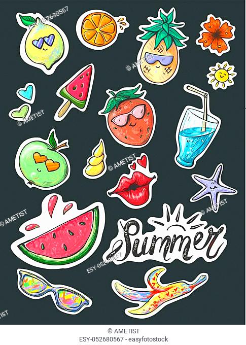 Set of fashion patches, fun stickers, cute badges vector in cartoon style