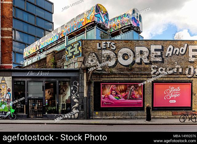 House facade, graffiti, Lets Adore, Shoerditch, East London, London, Great Britain, United Kingdom