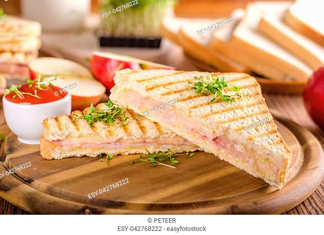 Panini cheese ham toast, fresh apple, back to shool sandwich, food photography