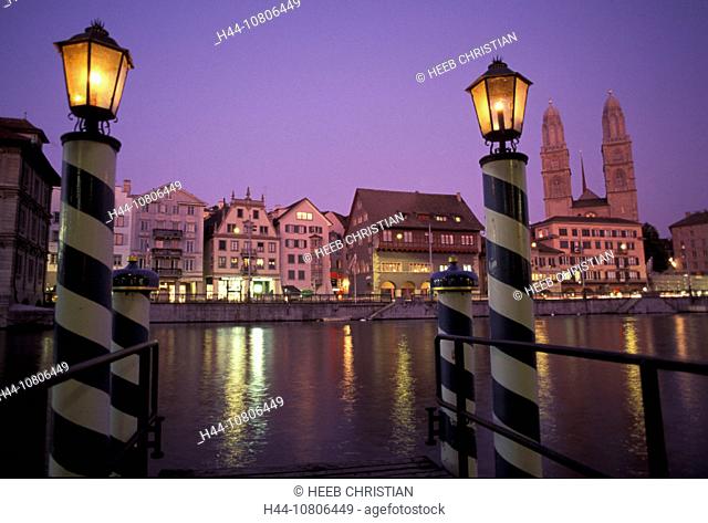 at night, city, Grossmunster, minster, church, lanterns, Limmat, Limmatquai, moorings, night, Zurich, Switzerland, E