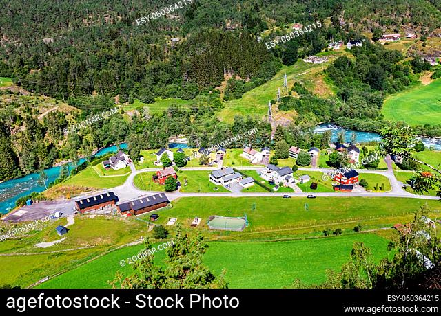 Aerial view on Fortun village near Skjolden in Fotundalen valley Sogn og Fjordane in Western Norway