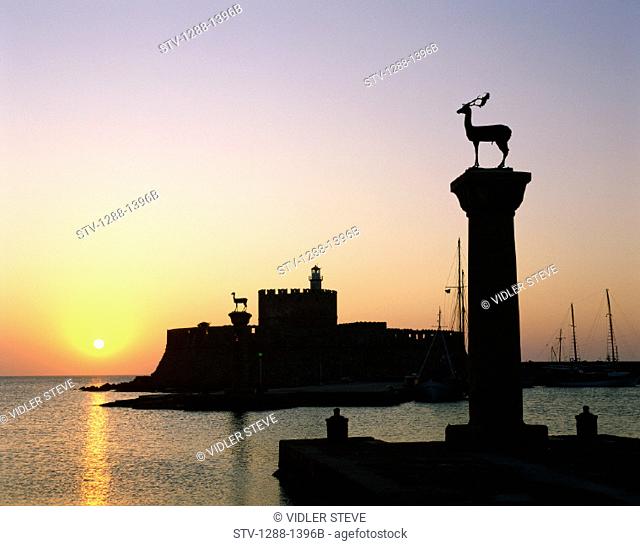 Entrance, Europe, Greece, Europe, Harbor, Holiday, Landmark, Mandraki, Mediterranean, Rhodes, Statues, Sun, Sunrise, Sunset, Tou