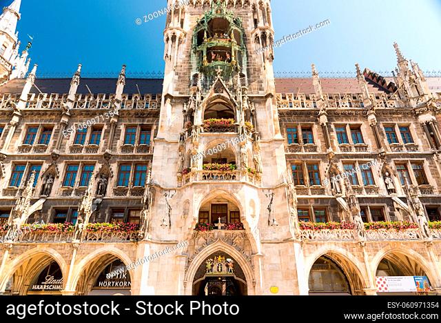 MUNICH, GERMANY - JUNE 7, 2016: Detail of tower of the New Town Hall - Neues Rathaus. in Marienplatz, Munich, Bavaria, Germany