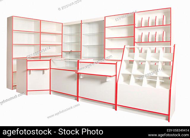Showcase equipment for a store on a white background. Free space for text. Shelves and showcases for the sale of goods. White plastic and glass cabinets for the...