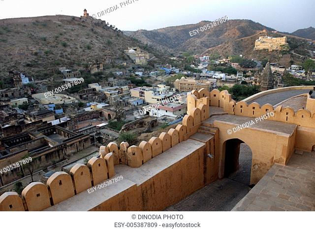 View of Amber village from Amer fort known Amber in Jaipur ; Rajasthan ; India