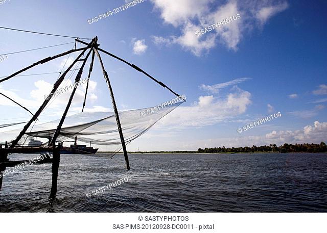 Chinese fishing nets at a harbor, Cochin, Kerala, India