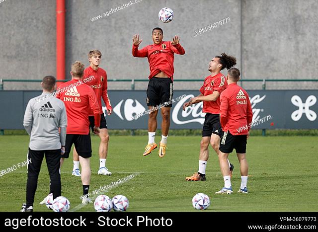 Belgium's Youri Tielemans (C) pictured during a training session of the Belgian national team, the Red Devils, Tuesday 07 June 2022 in Tubize