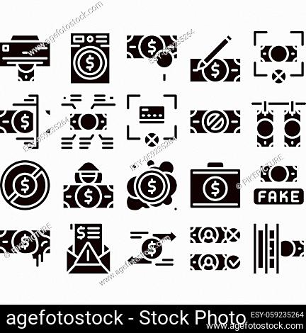 Fake Money Collection Elements Icons Set Vector Thin Line. Bandit Silhouette And Pencil, Printing And Laundering Money Dollar Glyph Pictograms Black...