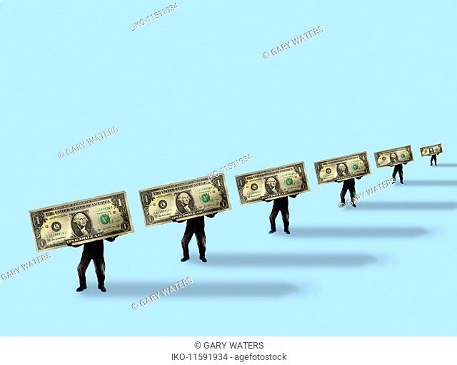 Row of businessmen carrying large dollar bills