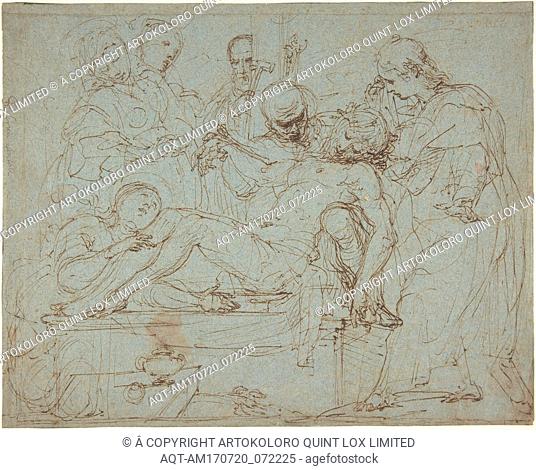 Lamentation over the Dead Christ at the Foot of the Cross (recto); Studies for the Burial of Christ (verso), 1620â€“30, Pen and brown ink, on blue paper
