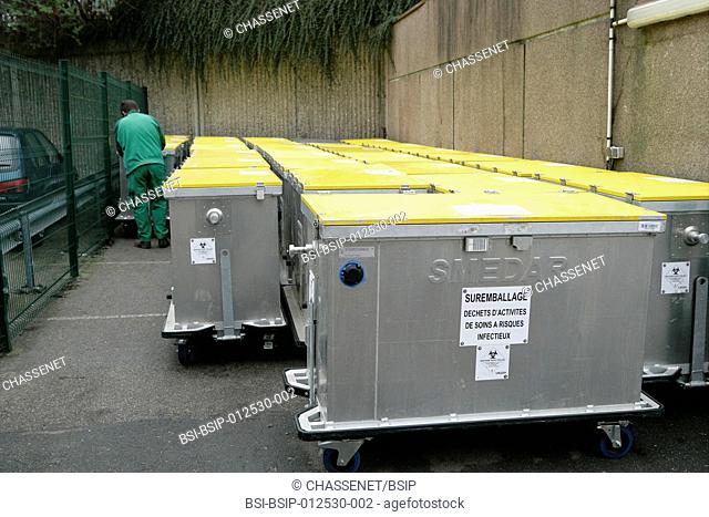 Photo essay at Rouen hospital, France. Collection of yellow bins, containing medical wastes